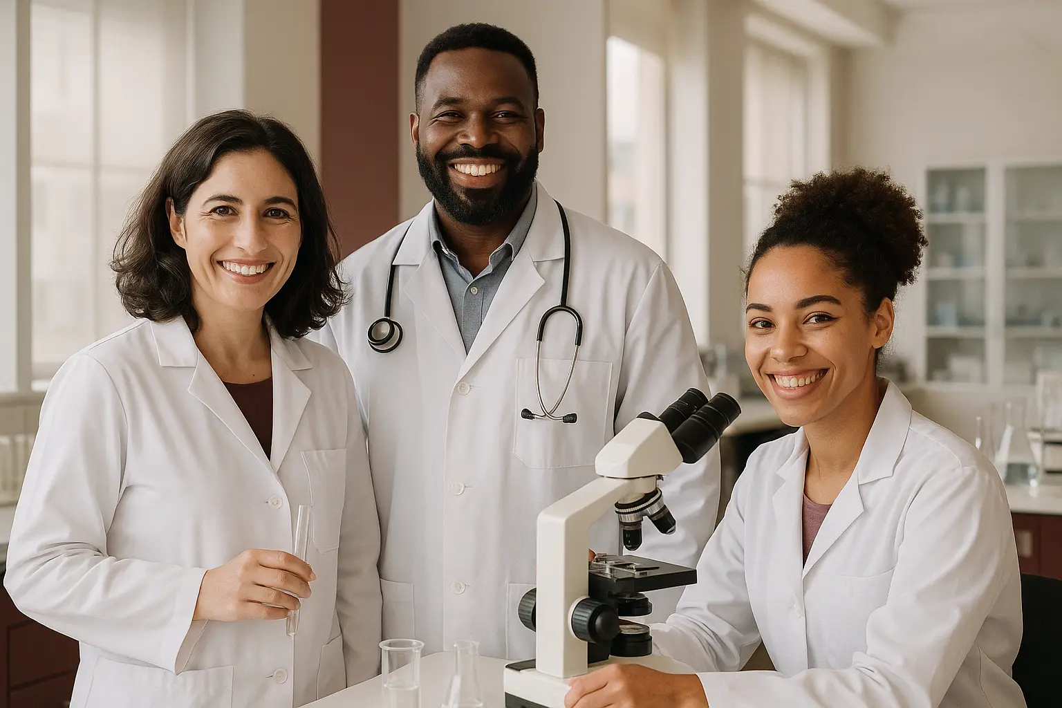 Equipe de biomédicos da Pró Saúde trabalhando em laboratório moderno