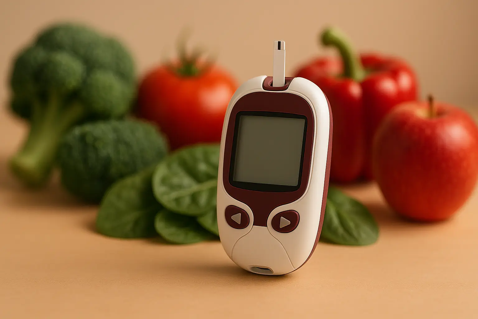 Glicosímetro ao lado de vegetais