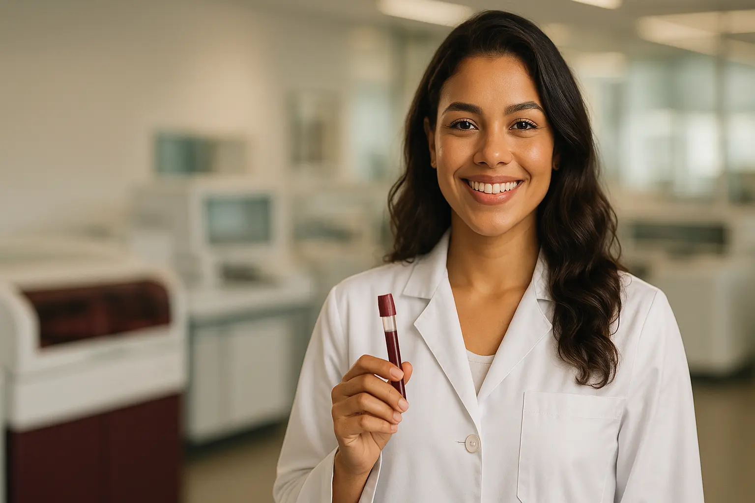 Biomédica da Pró Saúde sorrindo e segurando um tubo de coleta em laboratório moderno